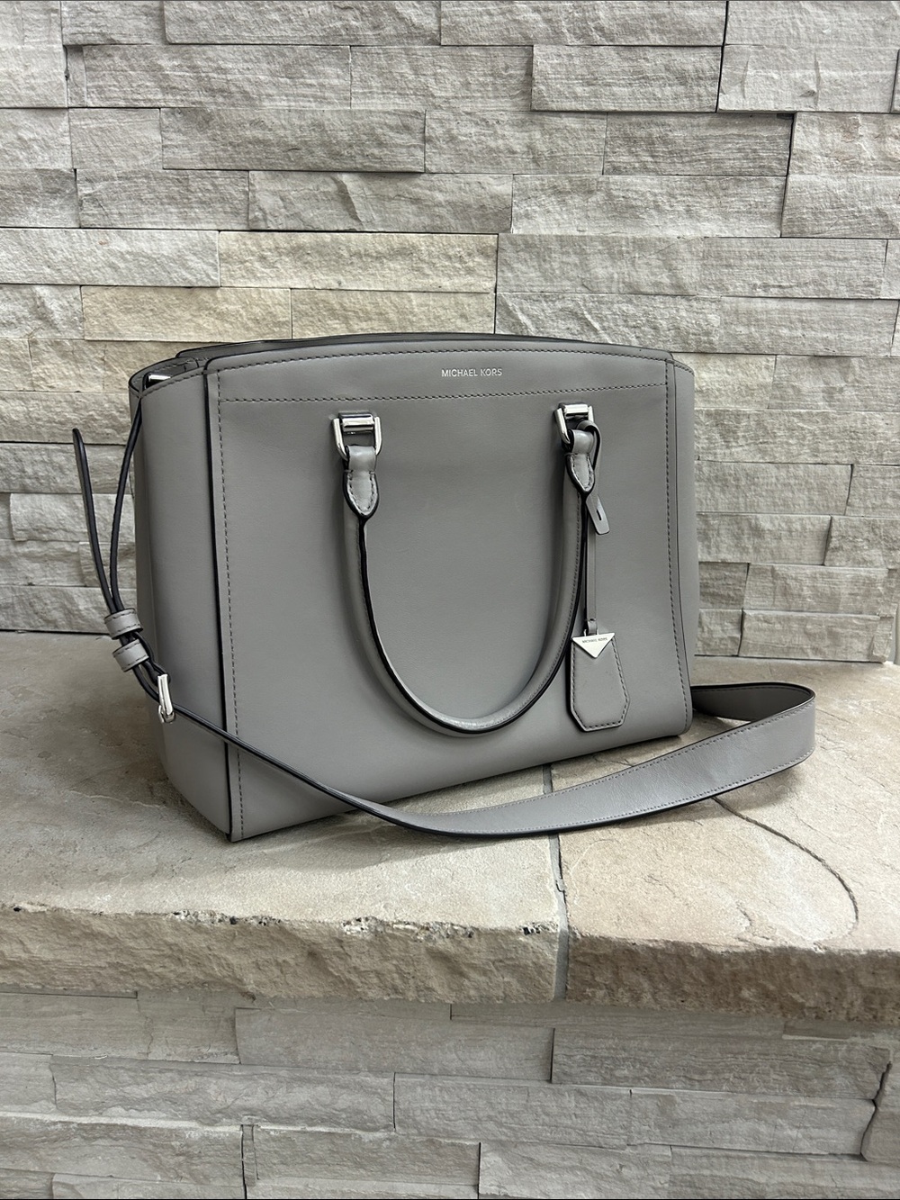 Michael Kors Taupe Gray Leather Satchel with Crossbody Strap